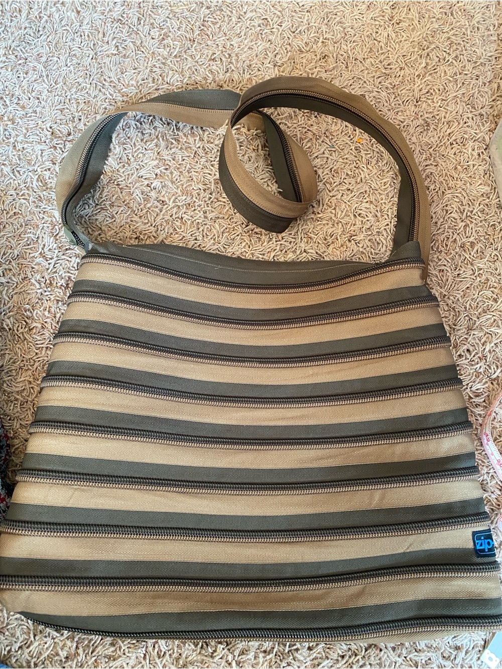 Striped Olive & Tan Crossbody Shoulder Bag ZIP IT